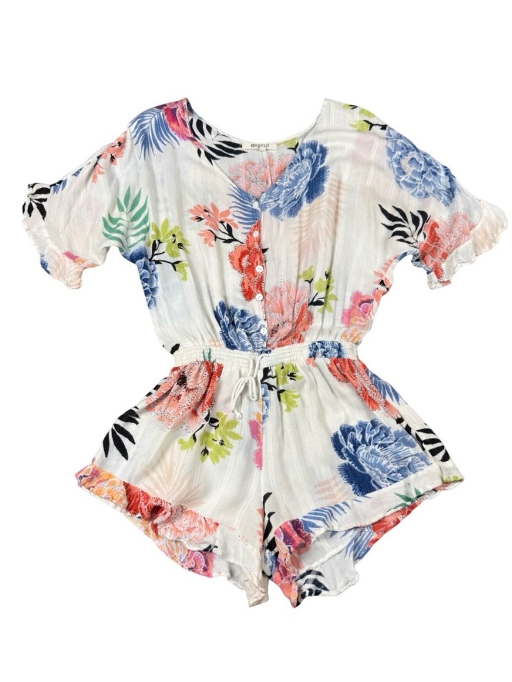 Rip Curl White Floral V-Neck Romper with Tassel Tie